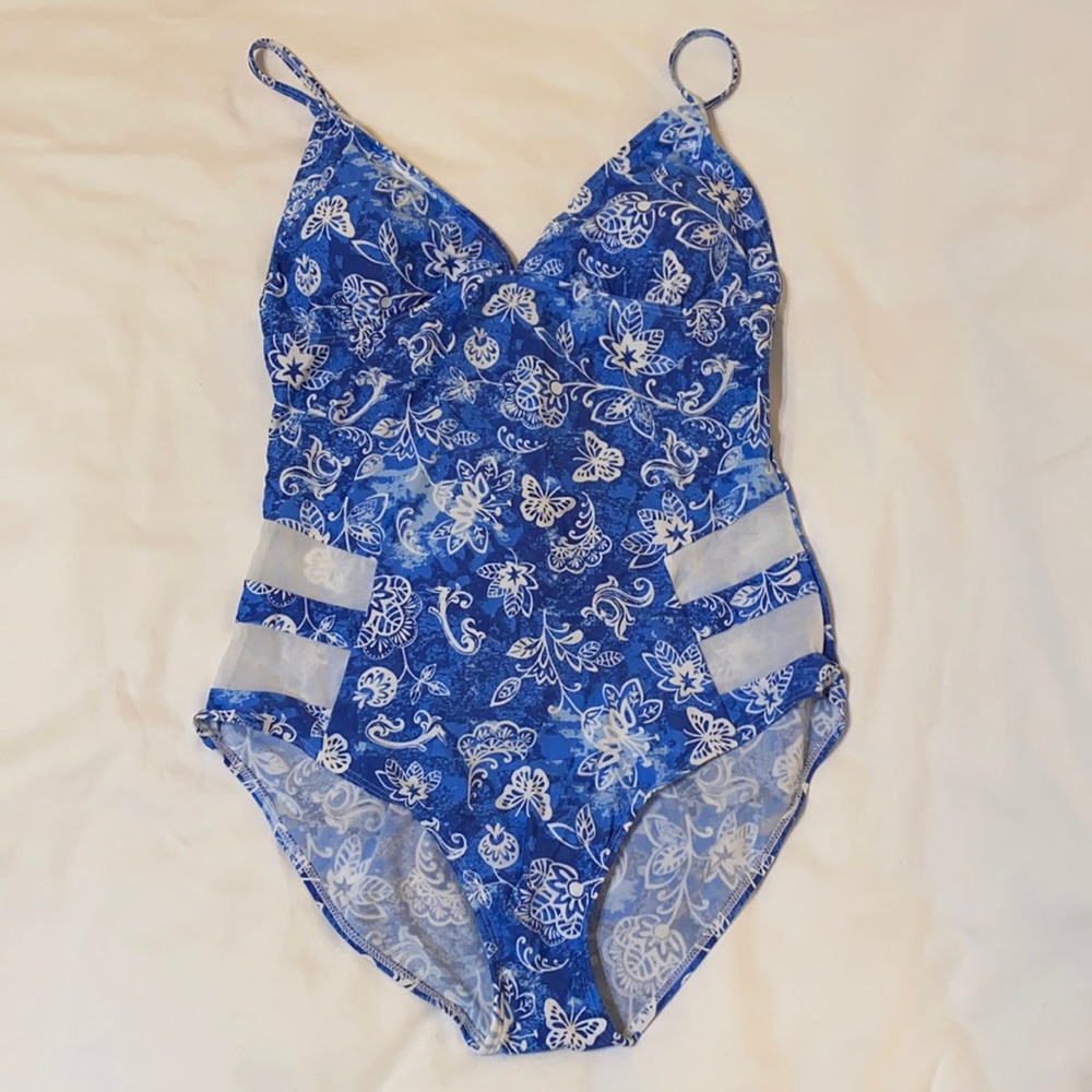Bawdy Blue & White Tropical One Piece Swimsuit, XL